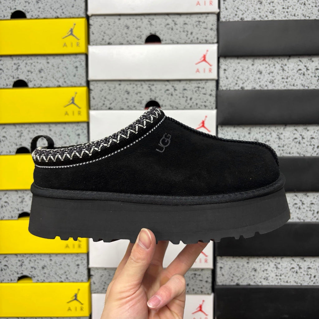 UGG Tazz Platform Slipper – Suede Mule with Shearling Lining, Black & White Braided Collar Trim & All-Black Chunky Platform Sole in Black