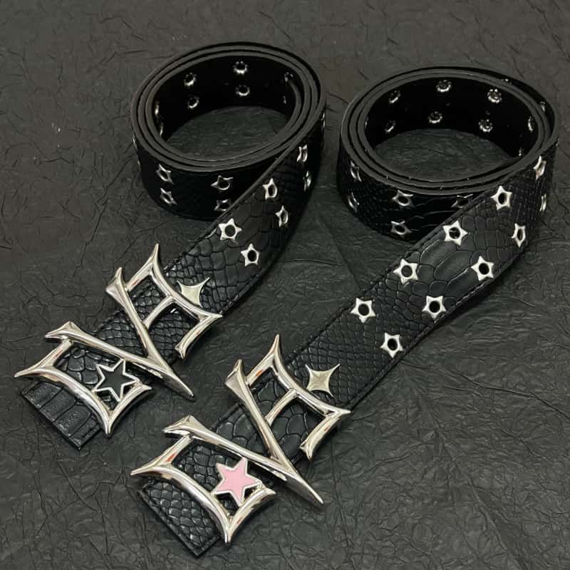 Y2K Punk LOVE Buckle Snake Texture Star Eyelet Leather Waist Belt