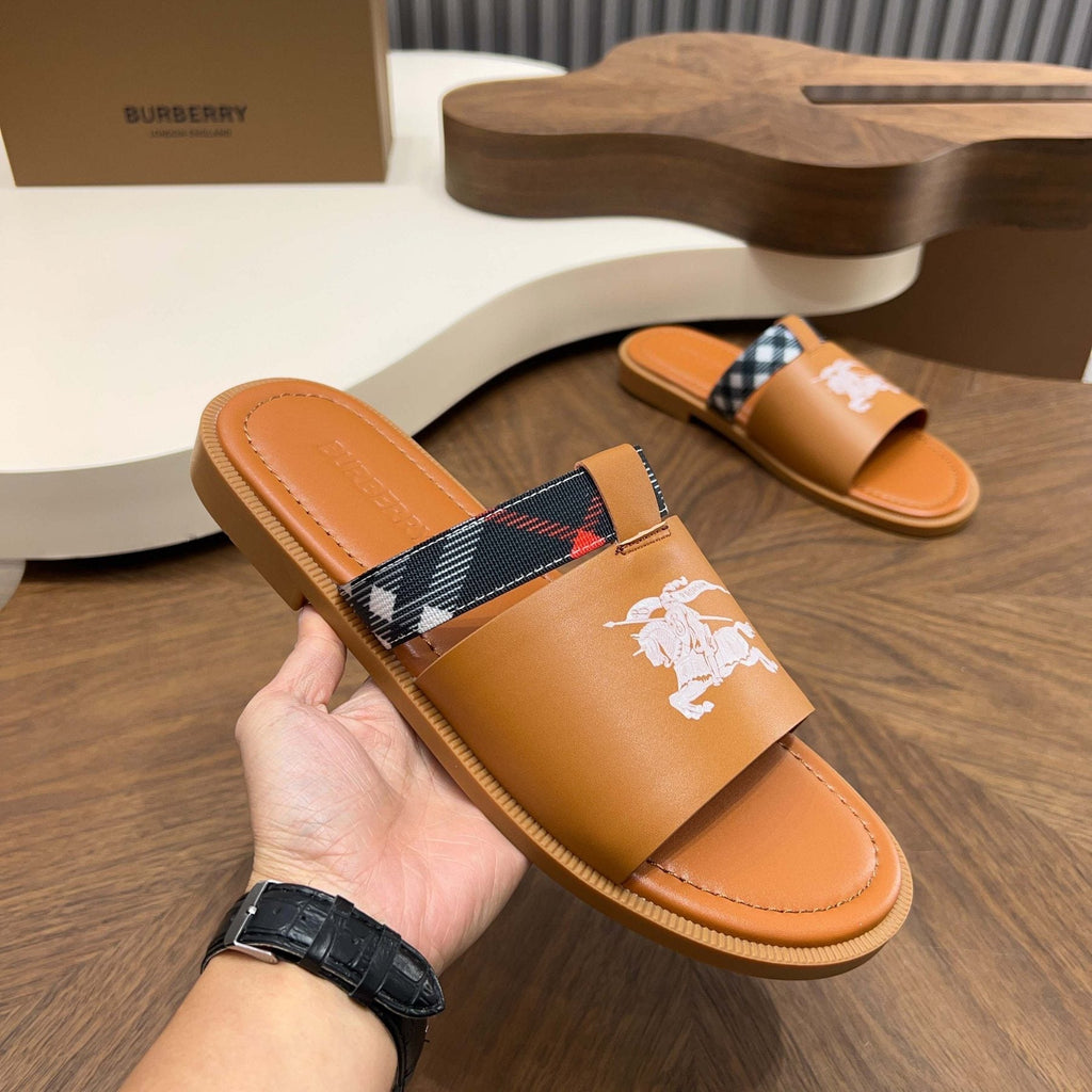 Burberry Plaid-Trim Slide Sandals